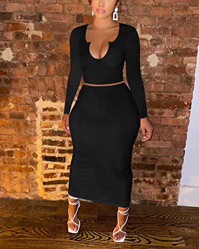Image of Women Sexy Two Piece Skirt Outfits Long Sleeve /Sleeveless V Neck Bodycon Ribbed Knitted Maxi Club Party Dress