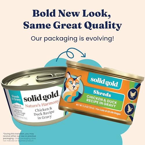 Image of Solid Gold Wet Cat Food Shreds in Gravy - Healthy Canned Cat Food Made w /Real Chicken & Duck Shreds, Vitamins & Minerals - Grain Free & Gluten Free Canned Meals for Cats & Kittens - 24ct /3oz Can