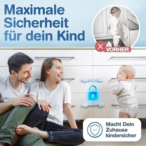 MUTKIND 10 Stück Kindersicherung Schrank - (Mit Kleber von TESA) Schranksicherung Baby - Längenverstellbar - Schubladensicherung Baby für Schränke, Kühlschrank, Tür - Kindersicherung Schubladen Weiß