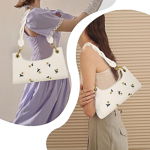White Daisy Embroidery Underarm Crossbody Shoulder Bag with 2 Removable Straps4