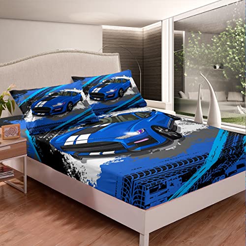 Blue Sports Car Sheet Set For Kids Boys Men,Graffiti Race Car Bed Sheets Twin Size,Grunge Car Track Bedding Set Soft,Hippie Racing Car Fitted Sheet + Flat Sheet + 1 Pillowcase Bedroom Home Decor #TOP3
