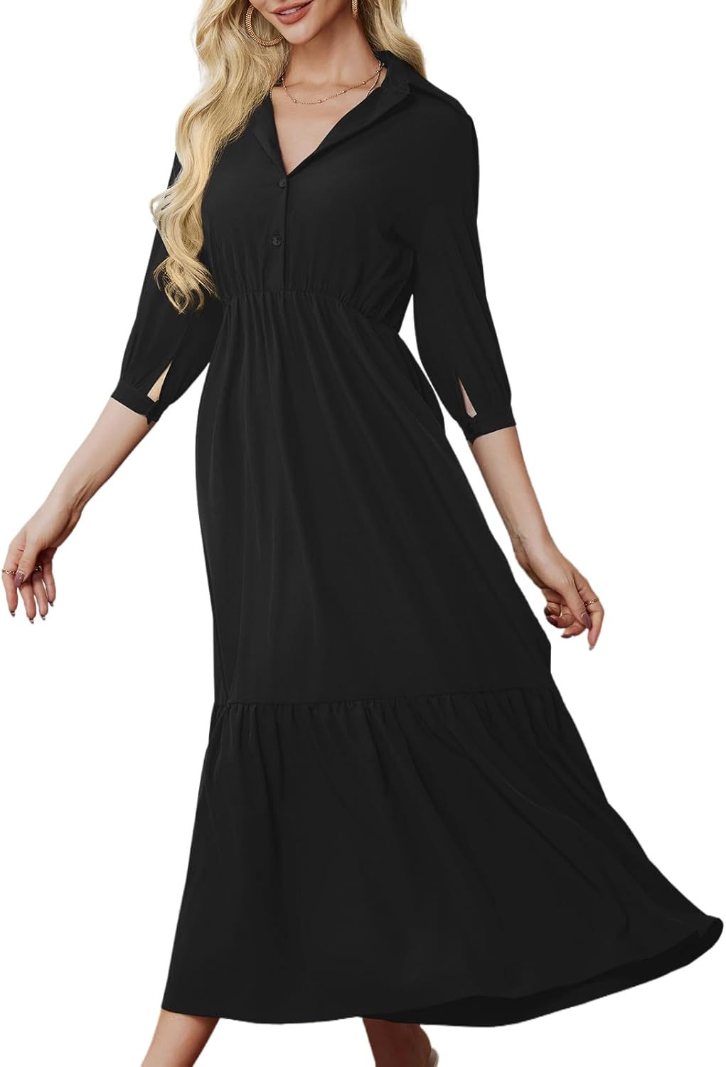 PerZeal Women's Casual Beach Maxi Dress Spring Summer 3/4 Sleeve Buttons Tiered Ruffle A Line Swing Dresses