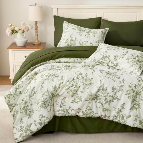 Image of Andency Floral Comforter King Set, 7 Pieces Green Rose Flower Bedding Set