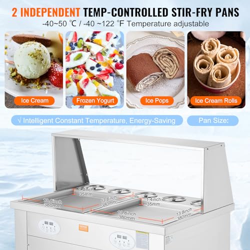 Image of VEVOR Fried Ice Cream Roll Machine, 2Pcs 13.8 inch x 13.8 inch Square Stir-Fried Ice Cream Pans, Stainless Steel Commercial Rolled Ice Cream Maker with Compressor and 4 Scrapers, for Ice Cream, Frozen Yogurt