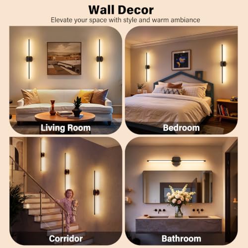 Image of Ollny Rechargeable Battery Operated Wall Sconces Set of Two with Remote Control, Dimmable & 3 Color Temperatures Wall Scones, 350 Rotatable Wireless Wall Lamps for Bedroom, Living Room, 28.7in
