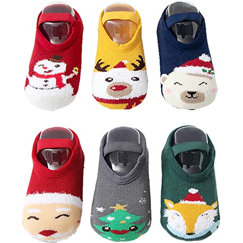 LOOLY 6 Pairs Christmas Thicker Warm Anti Slip Ankle Socks with Grips for Toddlers,12-14,6ThickerChristmas