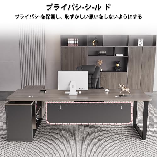 L字型デスク 社長用 オフィスデスク, 配線穴付き 保護板付き 大型事務机, オープン収納 サイドキャビネット付き [4]