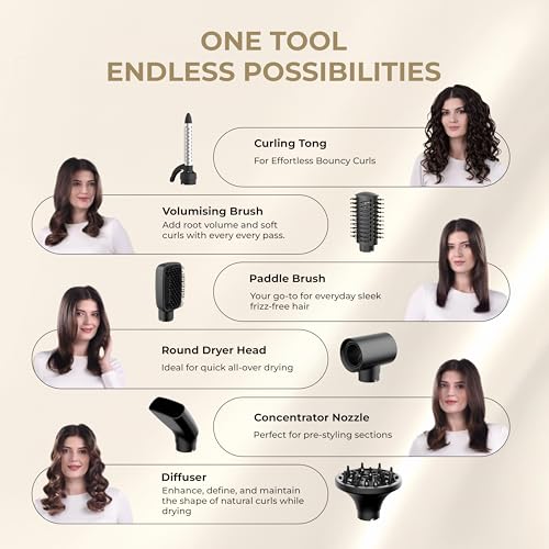 Image of Tash Hair 6-in-1 AirStyler- Hot Air Brush, Straightener Brush, Curling Tong, Blow Dryer, Concentrator & Diffuser | 50% Less Hair Breakage, 1200 Watts, 3 Heat Settings | All in One Multi Styler