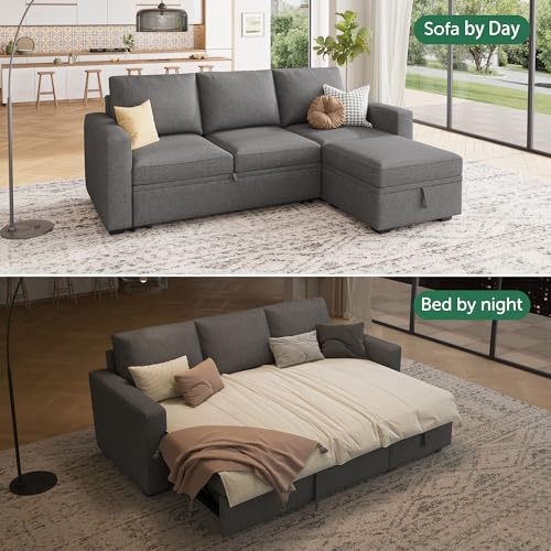 Image of HONBAY Modular Sectional Sleeper Sofa with Pull Out Bed, L Shaped Couch with Storage Seat, Modular Sectional Couches for Living Room - Dark Grey