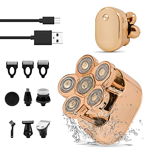 Electric Razor for Men- Upgrade 6 in 1 Electric Shavers for Men, Multifunctional Bald Head Shavers Cordless and USB Rechargeable Hair Trimmers, LED Display Freedom Waterproof Grooming Kit (Gold)