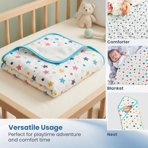 Image of TINYLANE - Curated For You! Newborn Baby Gift Set, 100% Cotton, Star Print, 0-6 Months, Bodysuit with Cap, Mittens and Double Layer Blanket, Newborn Baby Essentials, Baby Hamper for New Born