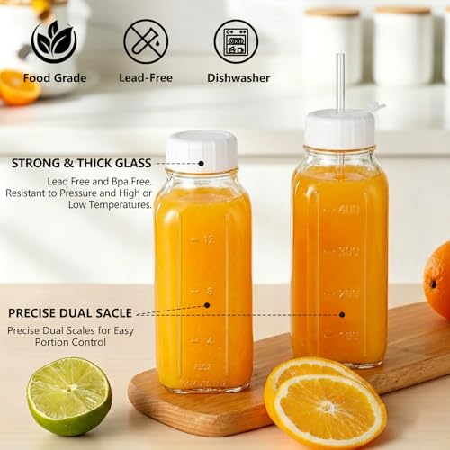 Image of Ruckae 16oz 10 Pack Glass Juice Bottles with Lids - Reusable Square Glass Juice Bottles with Leak-Proof Lid & Capacity Marks for Containers Juice,Milk,Smoothies