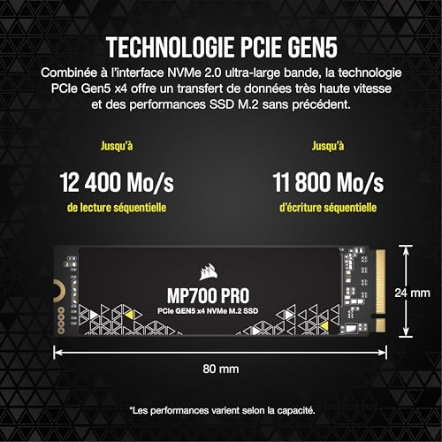 Corsair MP700 Pro 1 to M.2 PCIe Gen5 x4 NVMe 2.0 SSD - M.2 2280 - Jusqu'à 11 700 Mo/s en Lecture Séquentielle - TLC NAND Haute Densité - Noir