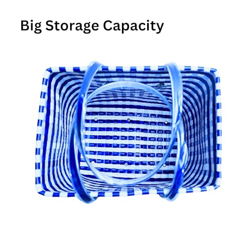 Image of Hand Made Multipurpose Plastic Basket with Lid, White with Blue, XL