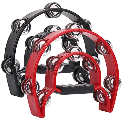 2Pack 10" Double Row Tambourine for Adult, Half Moon Musical Tambourine 20 Metal Jingles Hand Held Percussion Drum, Plastic Musical Percussion Tambourines for Adults, Church, KTV, Party, Black & Red