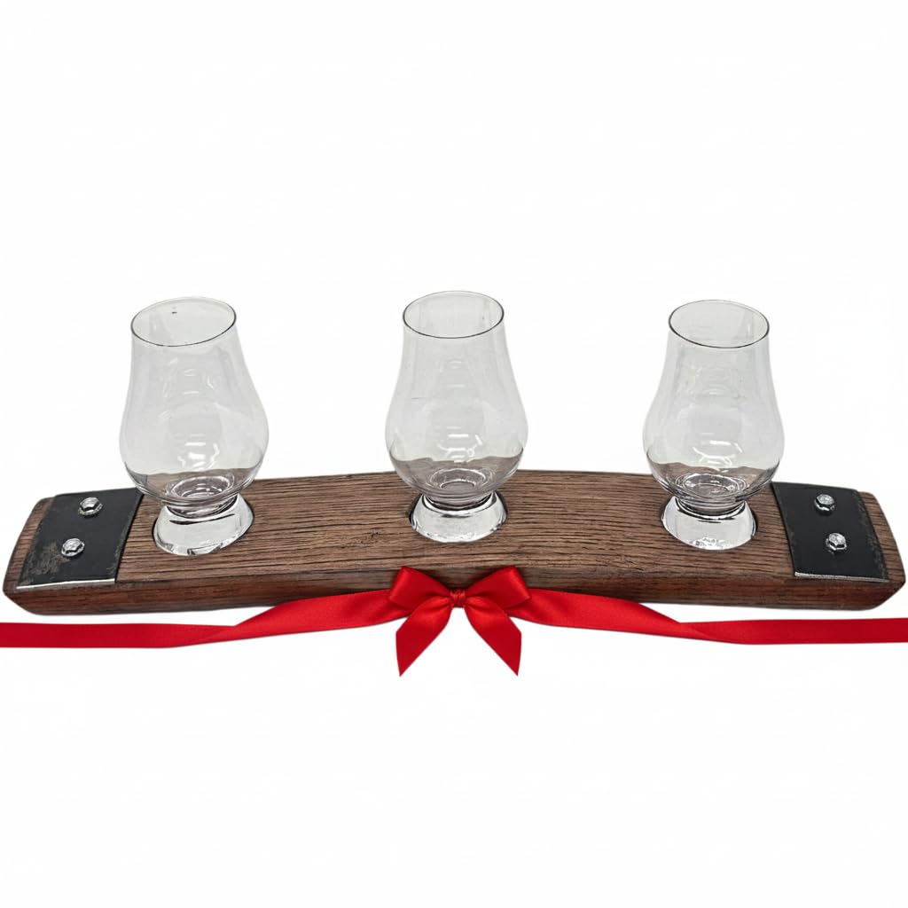 Premium Barrel Stave Whiskey, Scotch, Bourbon - Crystal Glass Flight (Red Mahogany)