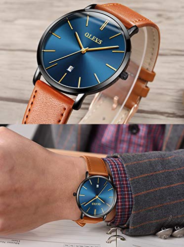 Image of OLEVS Men Leather Watches Black Ultra Thin 6.5mm Minimalist Dress Fashion Simple Casual Waterproof Date Watch for Men
