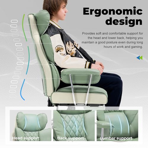 COMHOMA Big and Tall Office Chair, High Back Leather Gaming Chair with Footrest, Executive Ergonomic Office Chairs with Pocket Spring Lumbar Support and with Outward Fixed Soft Armrests