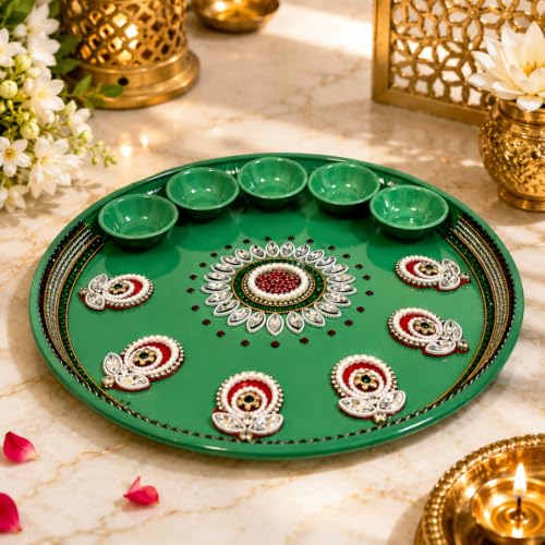 Image of Trendifly Mint Green Metal Pooja Thali Set with 5 Diya Holder | Mirror Stone Work Puja Aarti Thali Set for Home Mandir Temple Room | Home Ceremony Pooja Wedding Baby Shower Festival Return Gifts