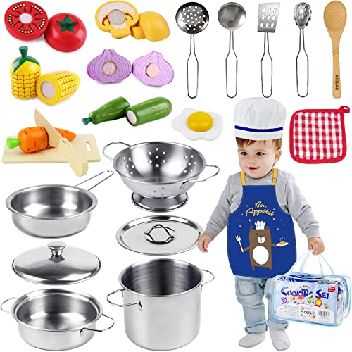 Airlab Utensilios de Cocina Juguete para Niños 3+ Años, Ollas y Sartenes Comida Accesorios para Cocinitas Infantiles, Set de Alimentos Madera, Frutas y Verduras para Cortar, Juego de...