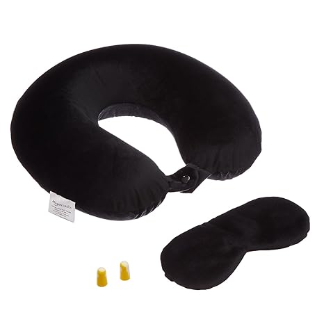 amazon basics Memory Foam Travel Neck Pillow with Eye Mask & Ear Plugs Combo|Ultra Soft Velvet Fabric|Ergonomically Designed for Ultimate Comfort for Air, Car, Train, Bus Travel- Black, Standard Size