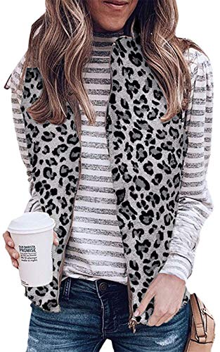 LAMISSCHE Womens Warm Sherpa Fleece Zip Up Reversible Vest Sleeveless Lightweight Jacket Outwear with Pockets(Leopard-grey,S)