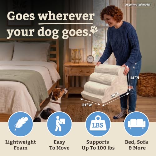 Image of Snoozer Scalloped Dog Ramp, 14 inch Tall Foam Pet Stairs, 3 Steps, Buckskin