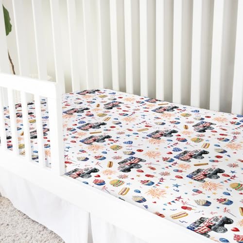 Image of American Flag Trucks Crib Mattress Sheet 52''x28'' 4th of July Patriotic Stars Burgers Stretchy Fitted Crib Mattress Sheet for Boy Girl Soft Nursery Baby Sheets for Standard Crib and Toddler Mattress