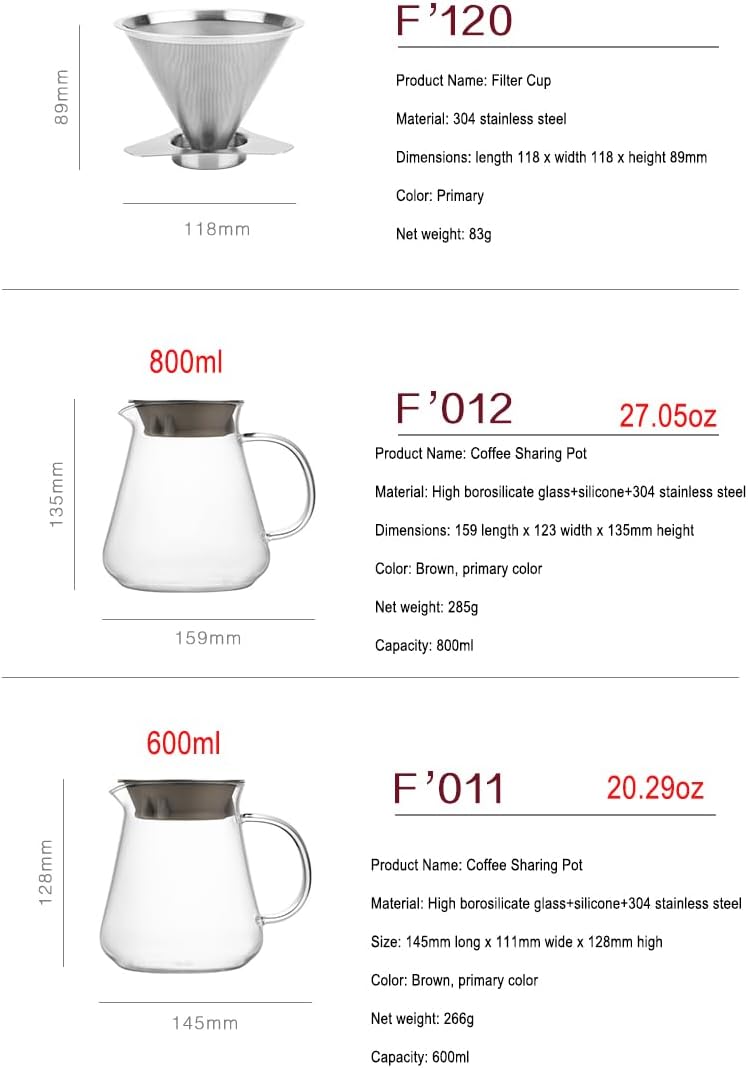 Pour Over Coffee Maker with Double Stainless Steel Filter, 4 Cups, 20.3oz, High Heat-Resistant Glass, Ideal for Camping, Hiking, and Office, FT-009, 159*135mm
