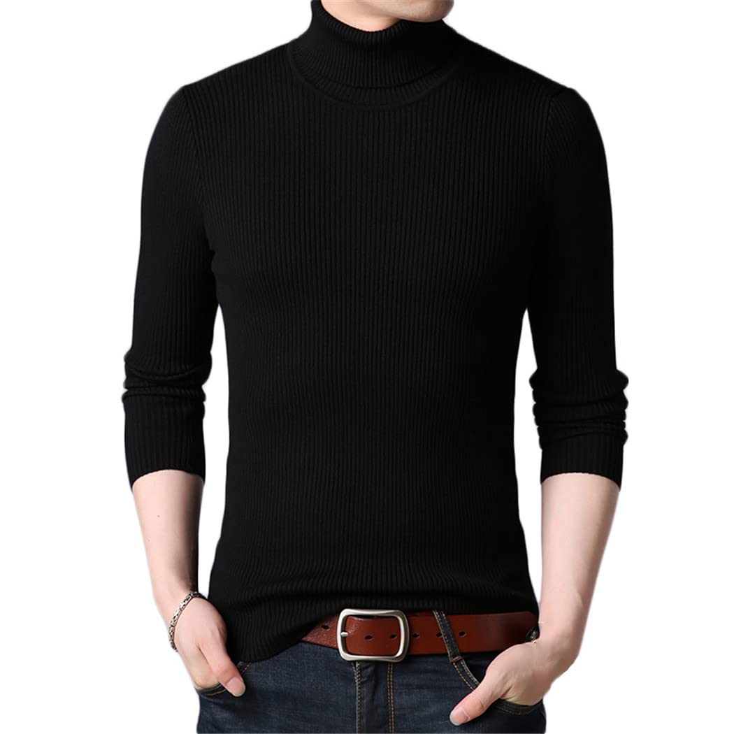 YIOLEAMP Otoño Invierno Hombres Negro Cuello Alto Slim Fit Pullover Color sólido hecho punto suéter transpirable