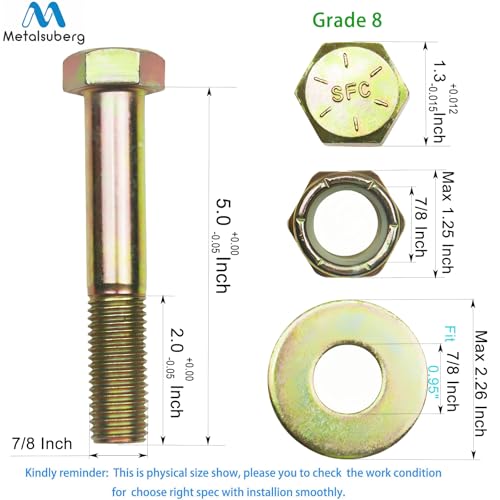 Image of 7 /8 inch x 5 inch Hex Head Bolt by Color Galvanization with Nylon Lock nut and Large Size Washer Assortment Kit,Alloy Steel,Grade 8.(4pcs Pack),by Metalsuberg