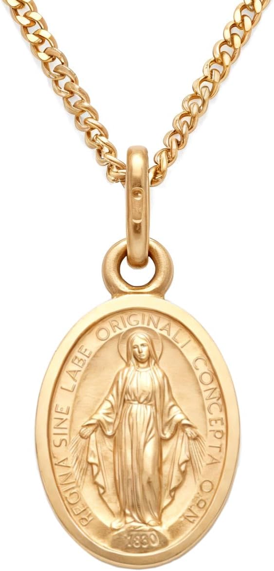 Child's Small Solid 9ct Gold Miraculous Medal Catholic Necklace - 12mm x 9mm Miraculous Medal with 18" 9ct Gold Chain & Jewellery Gift Box - Matt Finish