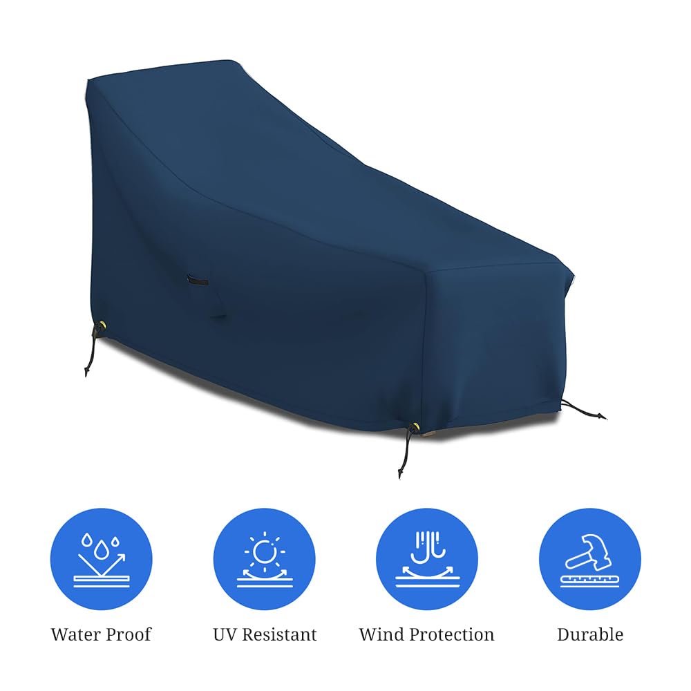 Funda para tumbona de patio de 12 onzas, impermeable, 100% resistente a la intemperie, cubierta de PVC con bolsillos de aire y cordón para un ajuste cómodo (80 W x 34 D x 32 H, azul)