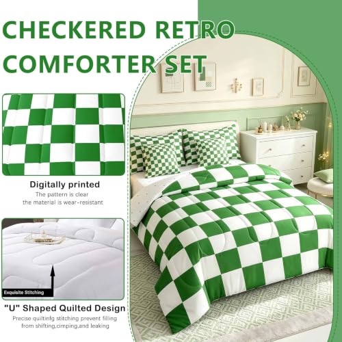 Image of Feelyou Checkered Retro 7 Piece Bedding Set Teen Women Men Green White Plaid Comforter Set with Sheets Twin Size Kids Boys Geometric Vintage Bed in a Bag Modern Simple Groovy Aesthetic Room Decor