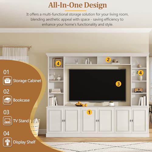 Image of JIJIWANG 97.4 inch W 4-Piece Wall Unit Entertainment Center with Bookshelf for TVs Up to 70 inch, Mid-Century Media Console TV Stand with Adjustable Shelf, Storage Cabinet and Bridge for Living Room, White
