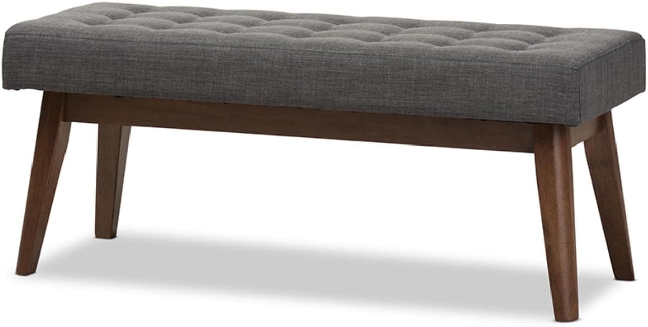 Elia Mid-Century Modern Walnut Wood Dark Grey Fabric Button-Tufted Bench