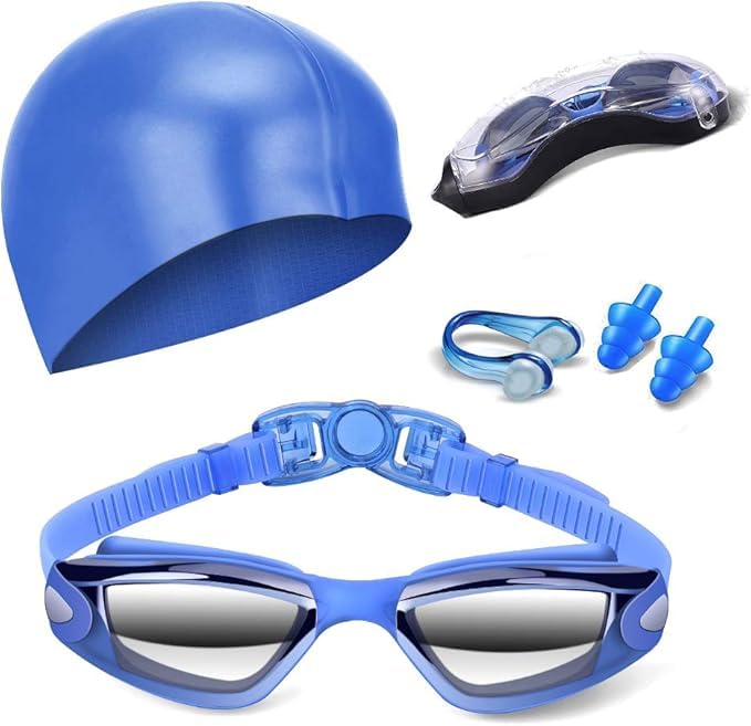 Swimming Goggles Swimming Cap Set for Adults, UV Protection Lenses Clear Anti-Fog Swim Goggles Waterproof Silicone Swimming Cap with Nose Clip and Earplug