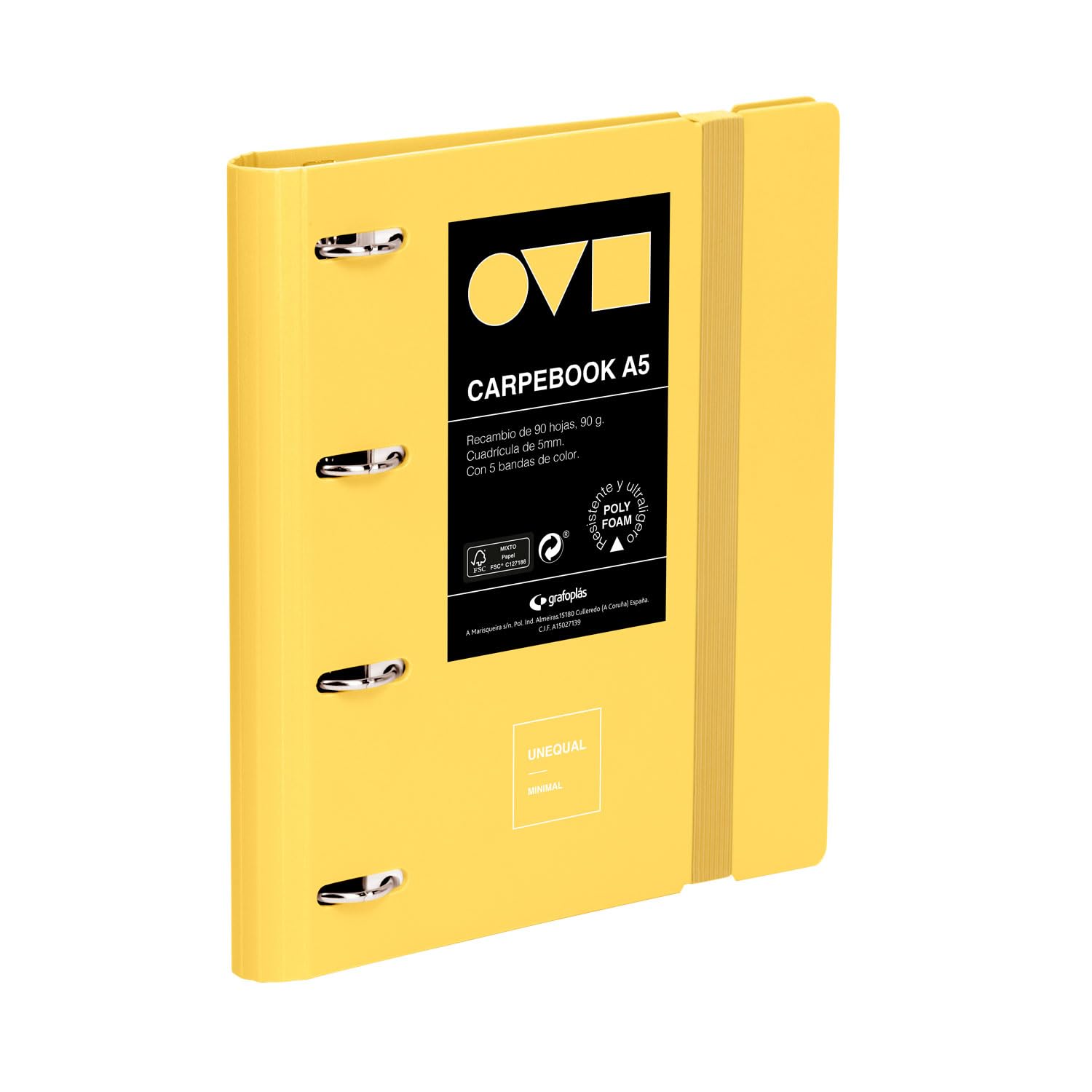 Grafoplas – 4 Ring Binder A4, Carpebook Polyfoam, Resistant and Ultralight, Minimal Yellow Uniqual, Includes Refill, Dividers and Envelope, Perfect for Organizing School Subjects