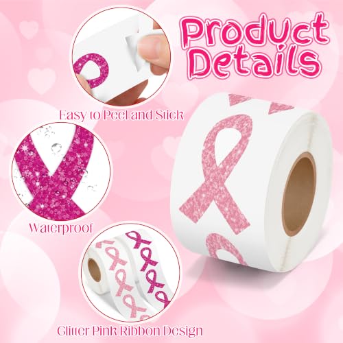 Image of Breast Cancer Awareness Sticker Rolls, 1000Pcs Glitter Pink Ribbon