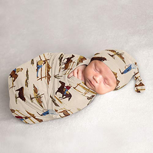 Image of Sweet Jojo Designs Wild West Cowboy Baby Boy Cocoon and Beanie Hat 2pc Set Jersey Stretch Knit Sleeping Bag for Infant Newborn Nursery Sleep Wrap Sack - Red, Blue, Tan Western Southern Country Horse
