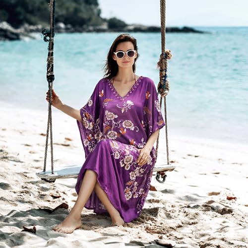 Image of Miss Lavish London Women's Purple Floral Kaftan Dress with Pockets, V Neck Maxi Beach Cover Up, Short Sleeve Batwing Caftan with Side Slits, Plus Size Swimsuit Coverup-Purple-3XL