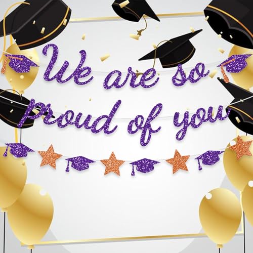 Image of We Are So Proud Of You Banner Graduation Party Decorations Glitter Congratulations Class Grad Ideas Purple Orange