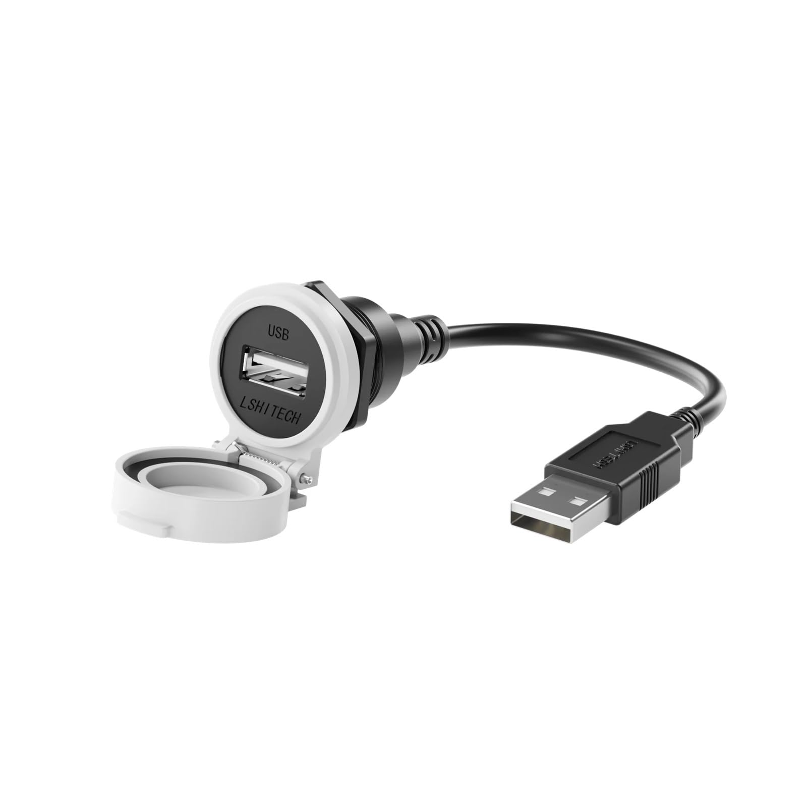 LSHITECH LU22 przemysłowy kabel przedłużający USB 2.0 z automatyczną klapką, 0,1 m, 0,3 m, 0,5 m, 1 m, 1,5 m, 2 m, 3 m, 4 m, wodoszczelny przedłużacz (biała nasadka, metalowy rowek, kabel 0,1 m)