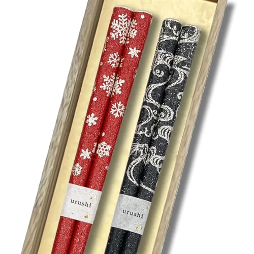 橋本幸作漆器店 黒赤2膳セット 輪島うるし箸 乾漆仕上げ 桐箱入り 22.5cm 日本製 滑りにくい 夫婦箸 お揃い ペア (黒:銀の波, 赤:雪の花)