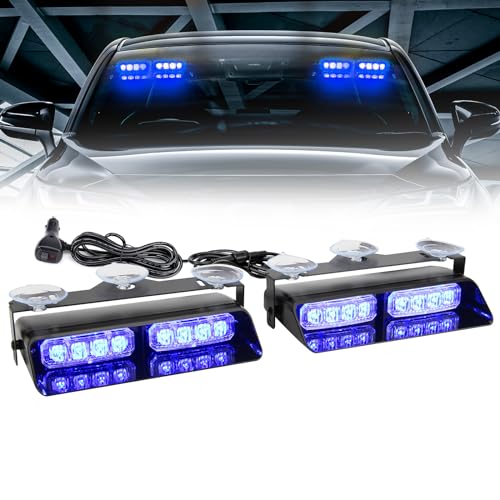 I LITTON Blue 2-in-1 Car Windshield Dash Strobe Recovery Light, 12V Flashing Beacon Light with Suction Cups, 16 Flash Modes Emergency Strobe Light for Trucks Van Vehicles Snowplow Lorry