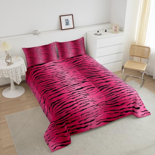 Image of Feelyou Girls Pink Black Kids Comforter King, Zebra Stripes Comforter Set for Boys Girls Safari Animal Print Bedding Set Zoo Animal Fur Print Duvet Set with 2 Pillow Case