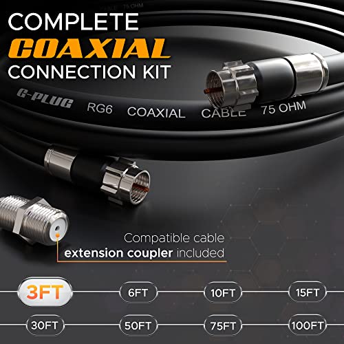 G-PLUG 3FT RG6 Coaxial Cable Connectors Set – High-Speed Internet, Broadband and Digital TV Aerial, Satellite Cable Extension – Weather-Sealed Double Rubber O-Ring and Compression Connectors Black