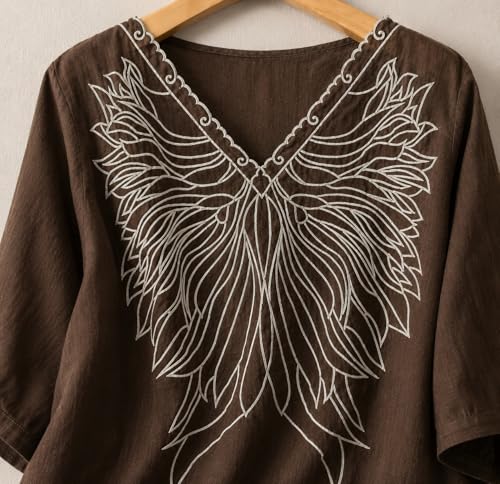 Image of RIEKA Women's Embroidered Top for Women, Maroon V Neck Rayon, 3 /4 Sleeve Casual Loose Fit Tunic, Boho Blouse for Women, Korean Style