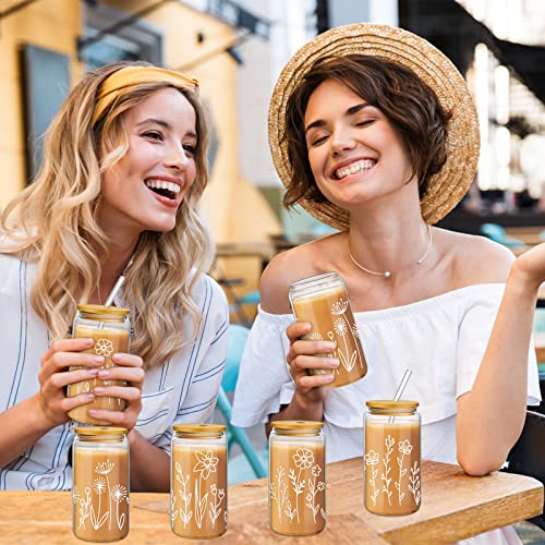 Mumufy Boho Floral Iced Aesthetic Coffee Glass Cup 16 Oz Drinking Glass With Bamboo Lid And Straw Cute Tumblers For Women Boho Coffee Mug Clear Beverage Tumbler For Beer Juice Soda(4 Pack) #TOP5