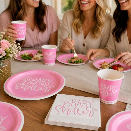 Image of Rozi Decoration Baby Shower Party Tableware Set - Pink Paper Plates, Cups & Napkins | Disposable Baby Girl Shower Decoration Supplies | Elegant Table Decor for Baby Welcome Party Set of 28 Pcs